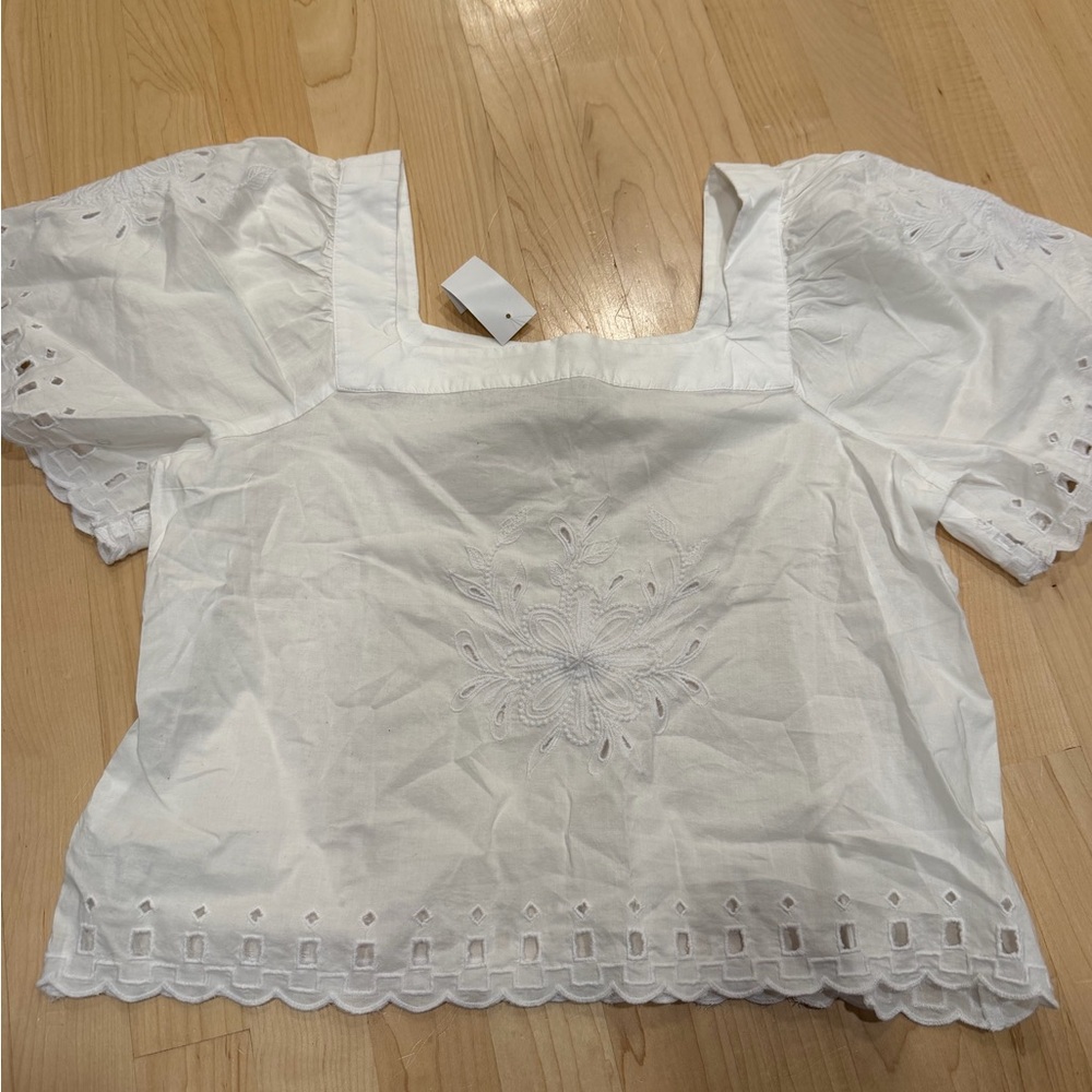 LOFT White Embroidered Square-Neck Cropped Blouse